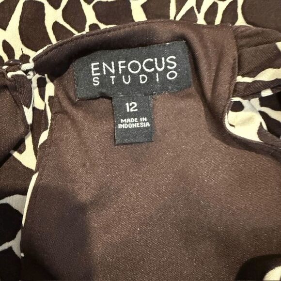 Enfocus Studio Giraffe Print Dress Brown Cream Ruffle Front Halter Style Size 12 - Picture 5 of 9